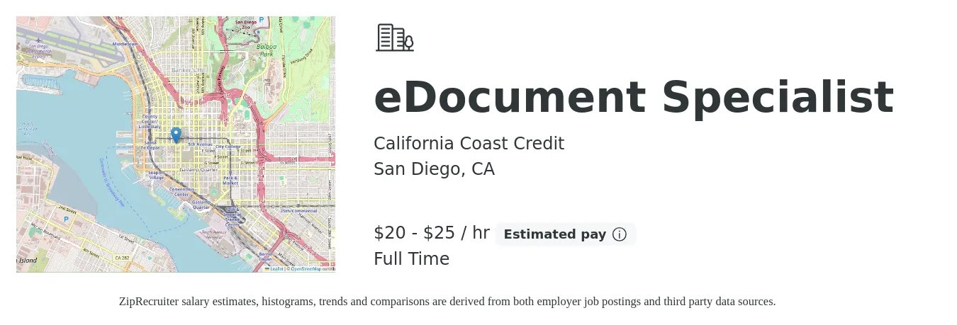 California Coast Credit job posting for a eDocument Specialist in San Diego, CA with a salary of $21 to $26 Hourly with a map of San Diego location.
