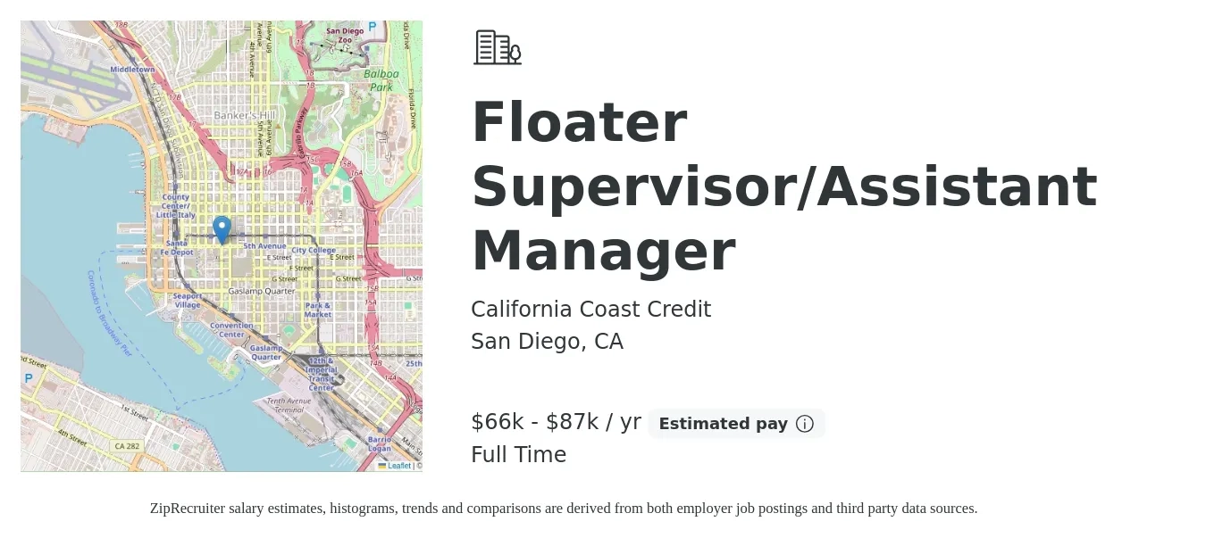 California Coast Credit job posting for a Floater Supervisor/Assistant Manager in San Diego, CA with a salary of $66,560 to $87,940 Yearly with a map of San Diego location.