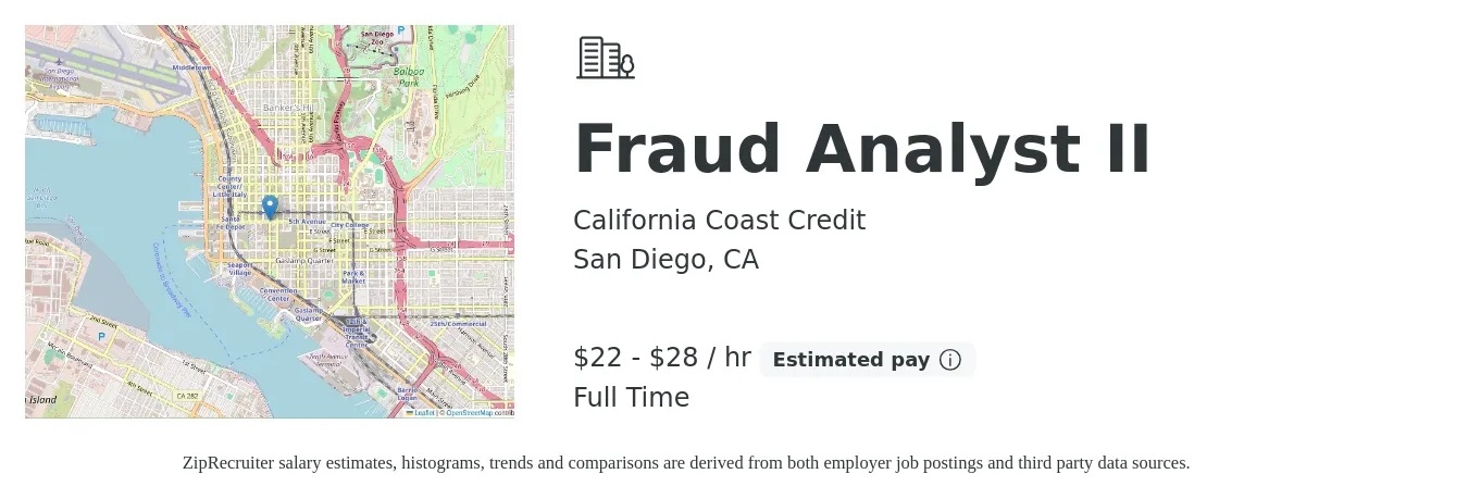 California Coast Credit job posting for a Fraud Analyst II in San Diego, CA with a salary of $23 to $29 Hourly with a map of San Diego location.