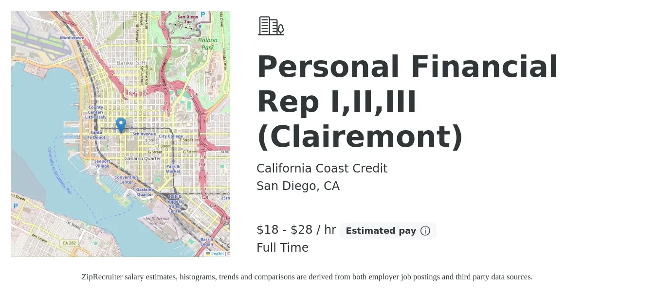 California Coast Credit job posting for a Personal Financial Rep I,II,III (Clairemont) in San Diego, CA with a salary of $19 to $29 Hourly with a map of San Diego location.