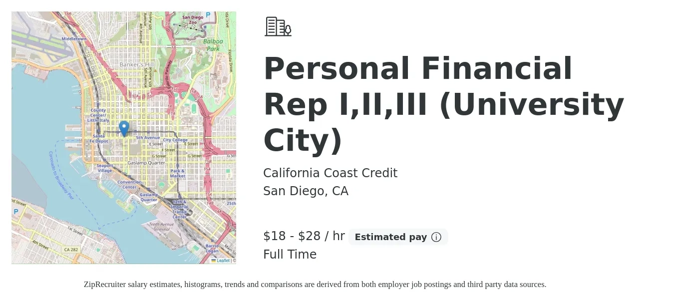 California Coast Credit job posting for a Personal Financial Rep I,II,III (University City) in San Diego, CA with a salary of $19 to $29 Hourly with a map of San Diego location.