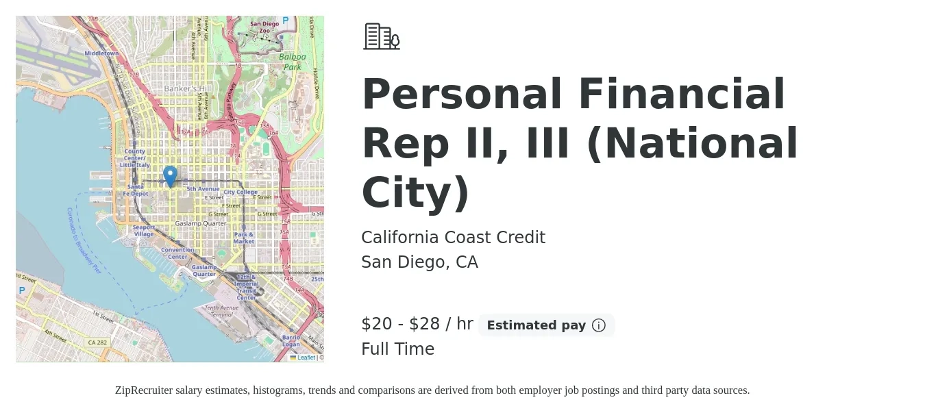 California Coast Credit job posting for a Personal Financial Rep II, III (National City) in San Diego, CA with a salary of $21 to $29 Hourly with a map of San Diego location.