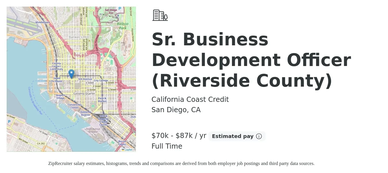 California Coast Credit job posting for a Sr. Business Development Officer (Riverside County) in San Diego, CA with a salary of $70,352 to $87,940 Yearly with a map of San Diego location.