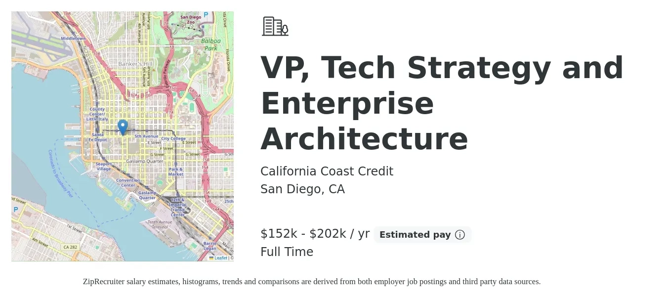 California Coast Credit job posting for a VP, Tech Strategy and Enterprise Architecture in San Diego, CA with a salary of $152,165 to $202,887 Yearly with a map of San Diego location.