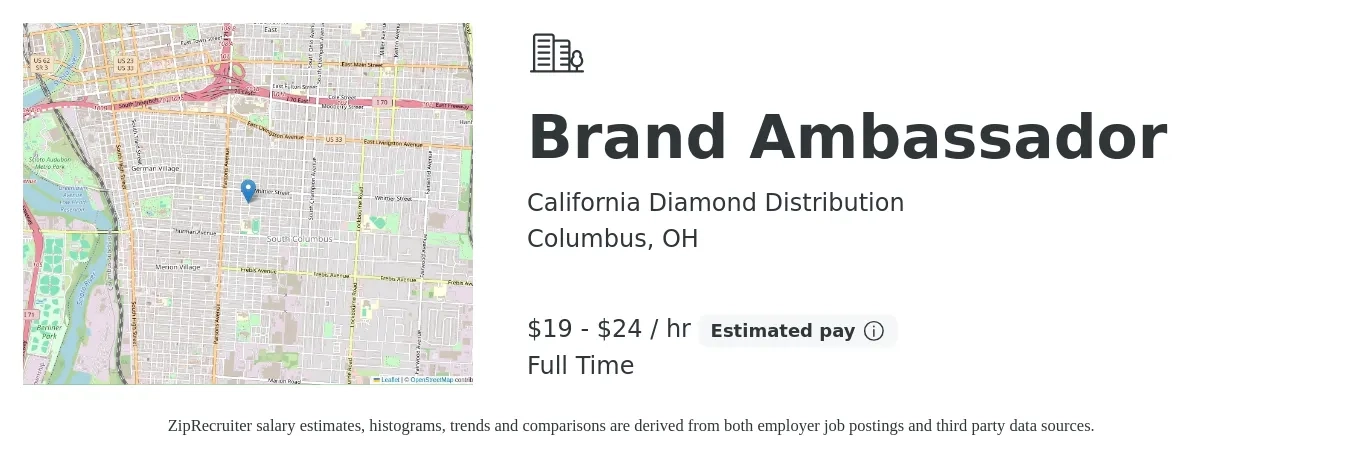 California Diamond Distribution job posting for a Brand Ambassador in Columbus, OH with a salary of $20 to $25 Hourly (plus commission) with a map of Columbus location.