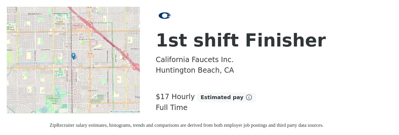 California Faucets Inc. job posting for a 1st shift Finisher in Huntington Beach, CA with a salary of $18 Hourly with a map of Huntington Beach location.