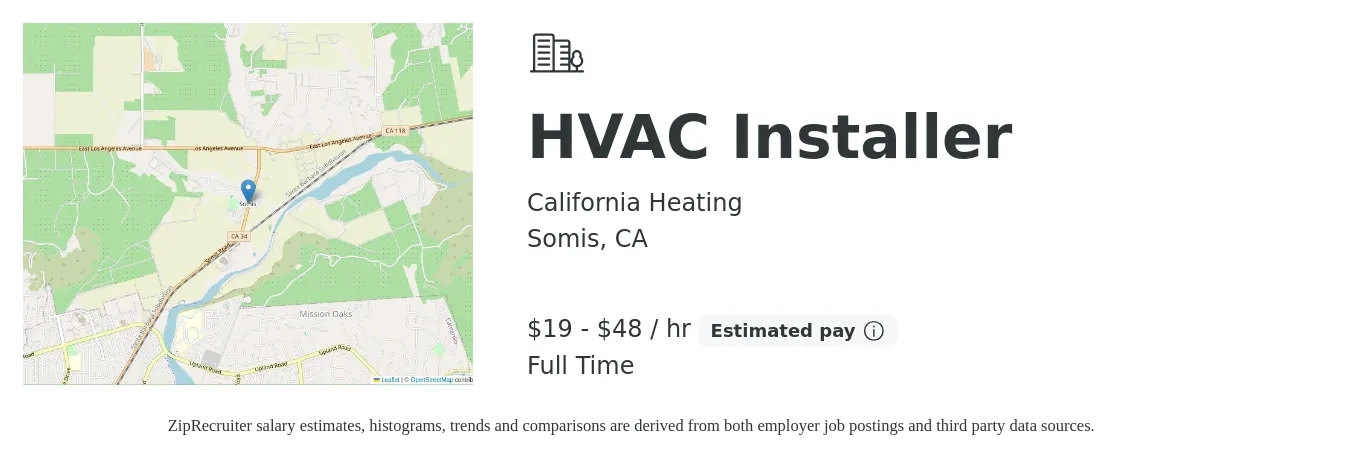 California Heating job posting for a HVAC Installer in Somis, CA with a salary of $20 to $50 Hourly with a map of Somis location.
