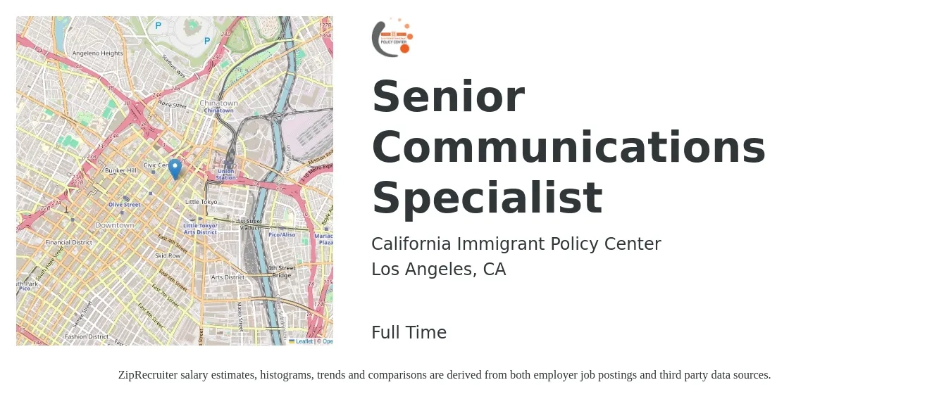California Immigrant Policy Center job posting for a Senior Communications Specialist in Los Angeles, CA with a salary of $73,950 to $76,186 Yearly with a map of Los Angeles location.