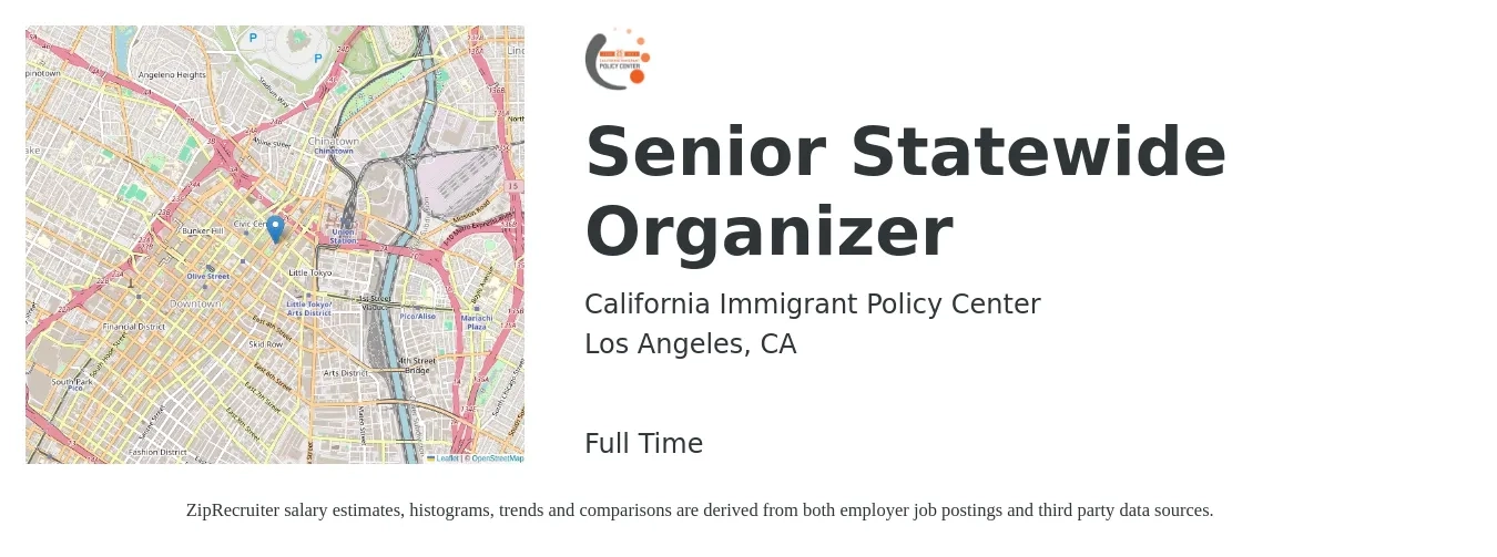 California Immigrant Policy Center job posting for a Senior Statewide Organizer in Los Angeles, CA with a salary of $73,950 to $76,186 Yearly with a map of Los Angeles location.