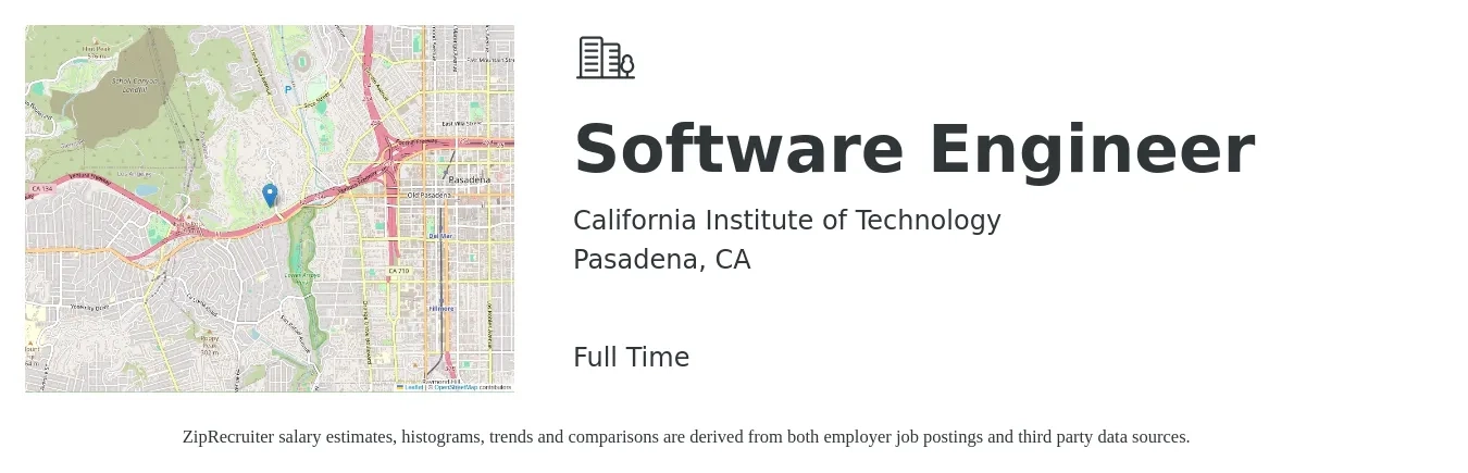 California Institute of Technology job posting for a Software Engineer in Pasadena, CA with a salary of $130,900 to $188,700 Yearly with a map of Pasadena location.