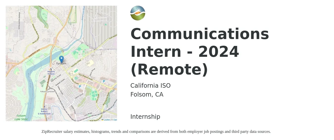 California ISO job posting for a Communications Intern - 2024 (Remote) in Folsom, CA with a salary of $24 to $27 Hourly with a map of Folsom location.