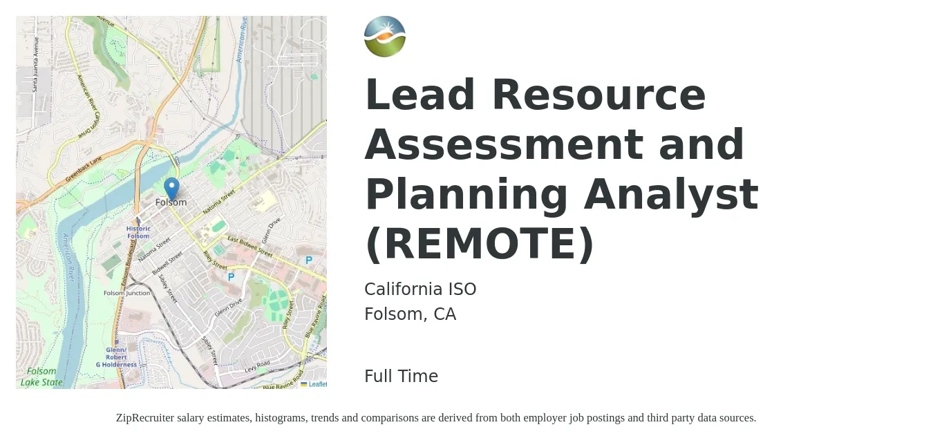 California ISO job posting for a Lead Resource Assessment and Planning Analyst (REMOTE) in Folsom, CA with a salary of $96,200 to $139,500 Yearly with a map of Folsom location.