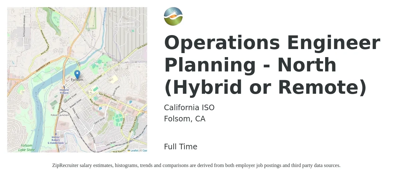California ISO job posting for a Operations Engineer Planning - North (Hybrid or Remote) in Folsom, CA with a salary of $74,300 to $100,500 Yearly with a map of Folsom location.