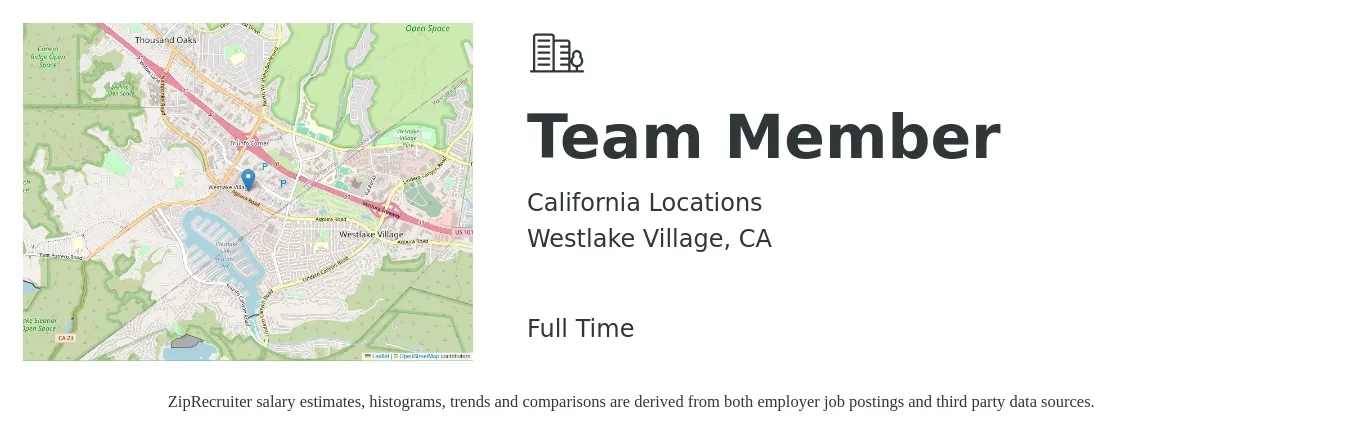 California Locations job posting for a Team Member in Westlake Village, CA with a salary of $13 to $17 Hourly with a map of Westlake Village location.
