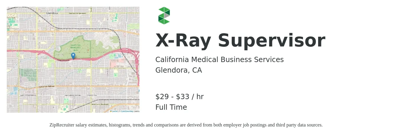 California Medical Business Services job posting for a X-Ray Supervisor in Glendora, CA with a salary of $31 to $35 Hourly with a map of Glendora location.
