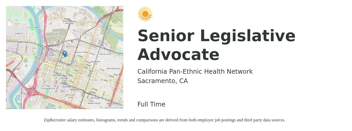 California Pan-Ethnic Health Network job posting for a Senior Legislative Advocate in Sacramento, CA with a salary of $80,500 to $82,500 Yearly with a map of Sacramento location.