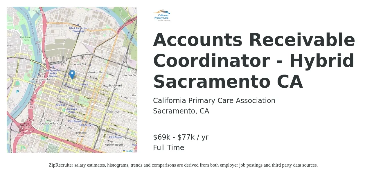 California Primary Care Association job posting for a Accounts Receivable Coordinator - Hybrid Sacramento CA in Sacramento, CA with a salary of $69,613 to $77,803 Yearly with a map of Sacramento location.