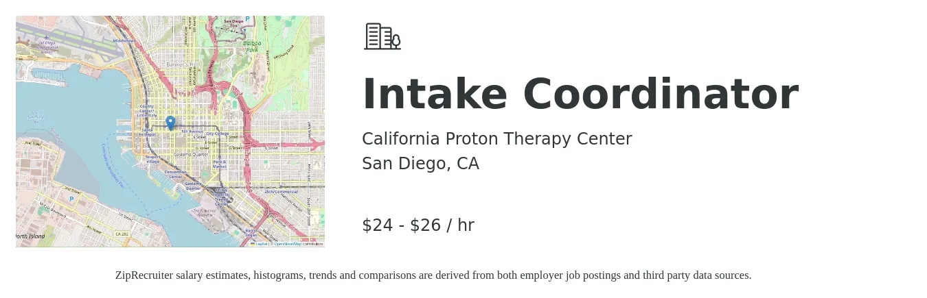 California Proton Therapy Center job posting for a Intake Coordinator in San Diego, CA with a salary of $25 to $30 Hourly with a map of San Diego location.