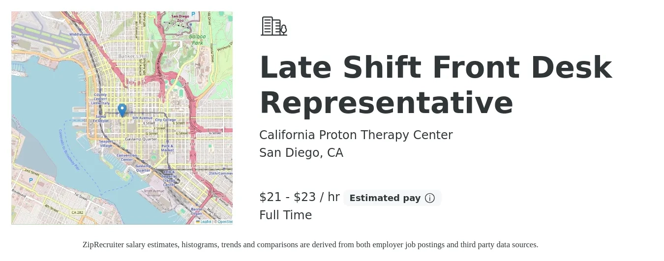California Proton Therapy Center job posting for a Late Shift Front Desk Representative in San Diego, CA with a salary of $22 to $24 Hourly with a map of San Diego location.