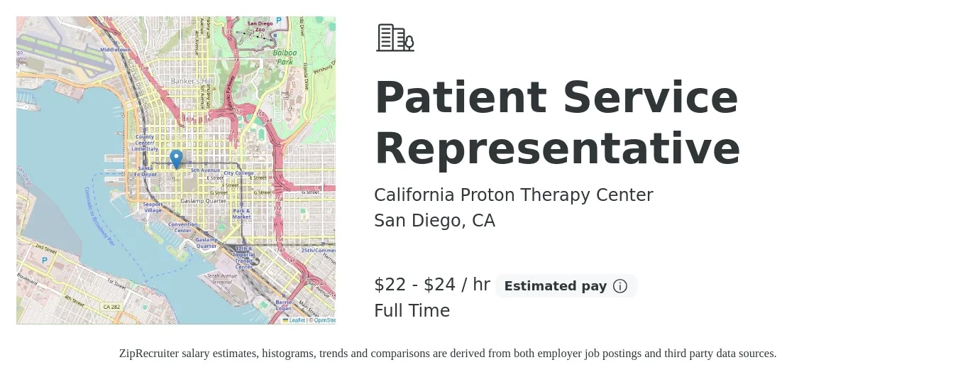 California Proton Therapy Center job posting for a Patient Service Representative in San Diego, CA with a salary of $22 to $27 Yearly with a map of San Diego location.