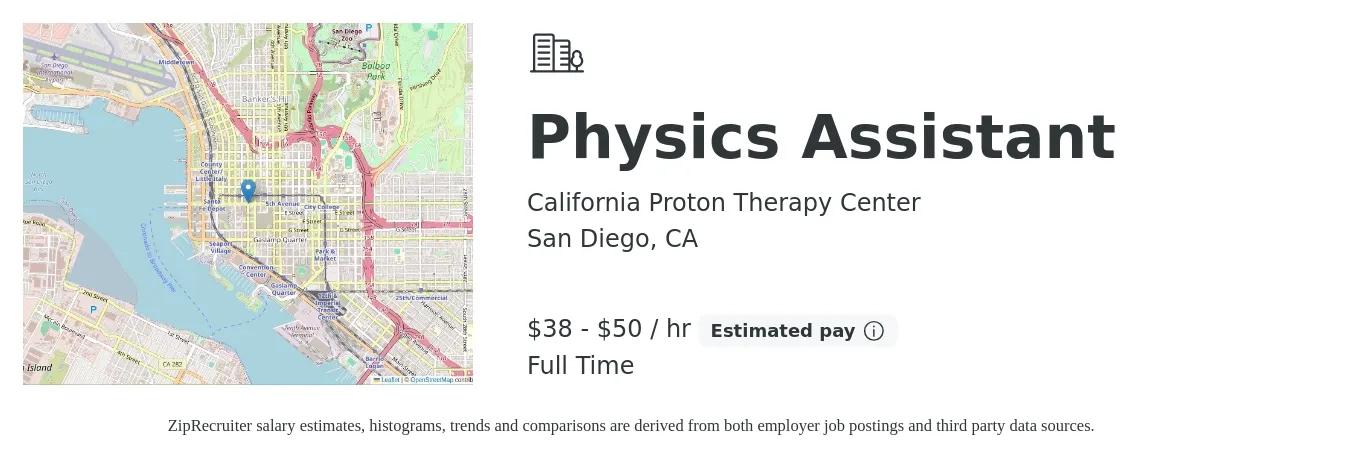 California Proton Therapy Center job posting for a Physics Assistant in San Diego, CA with a salary of $40 to $53 Hourly with a map of San Diego location.