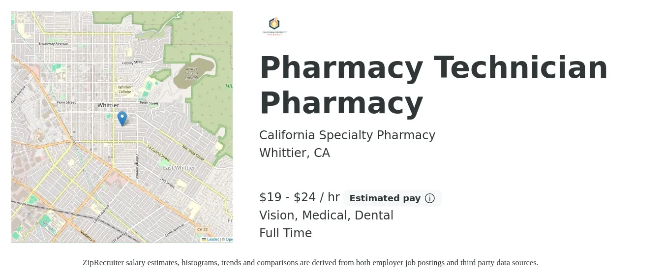 California Specialty Pharmacy job posting for a Pharmacy Technician Pharmacy in Whittier, CA with a salary of $18 to $24 Hourly (plus commission) and benefits including dental, life_insurance, medical, pto, retirement, and vision with a map of Whittier location.