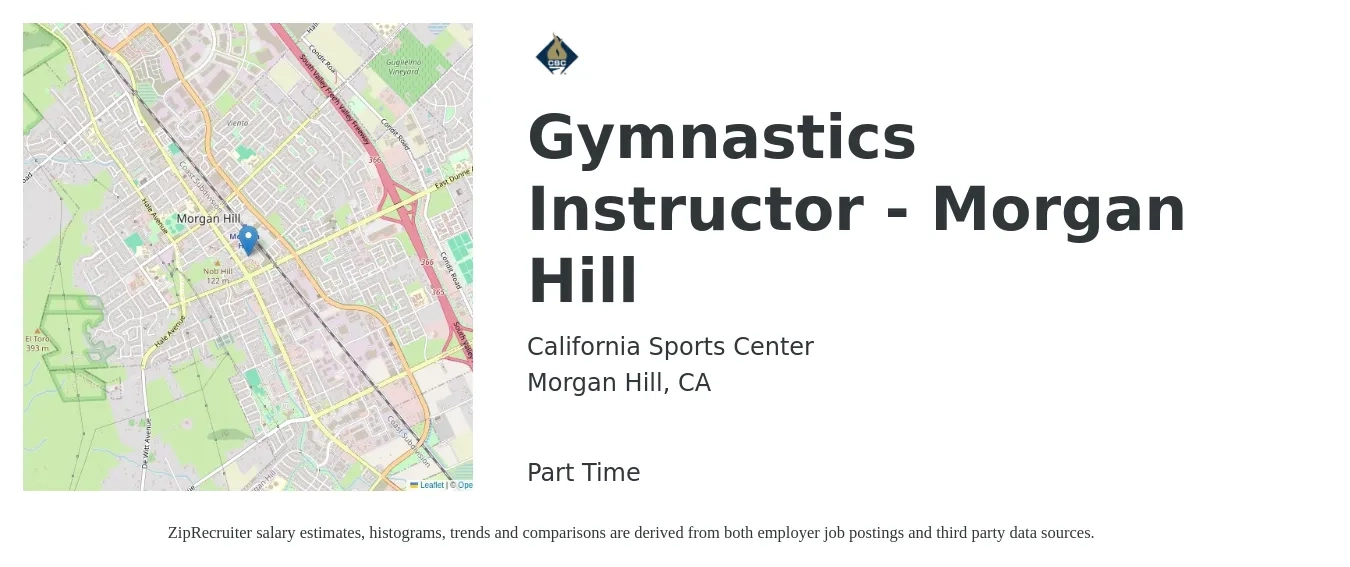California Sports Center job posting for a Gymnastics Instructor - Morgan Hill in Morgan Hill, CA with a salary of $16 to $25 Hourly with a map of Morgan Hill location.