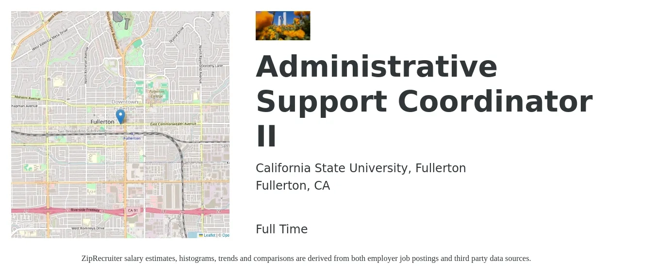 California State University, Fullerton job posting for a Administrative Support Coordinator II in Fullerton, CA with a salary of $3,865 to $6,336 Monthly with a map of Fullerton location.