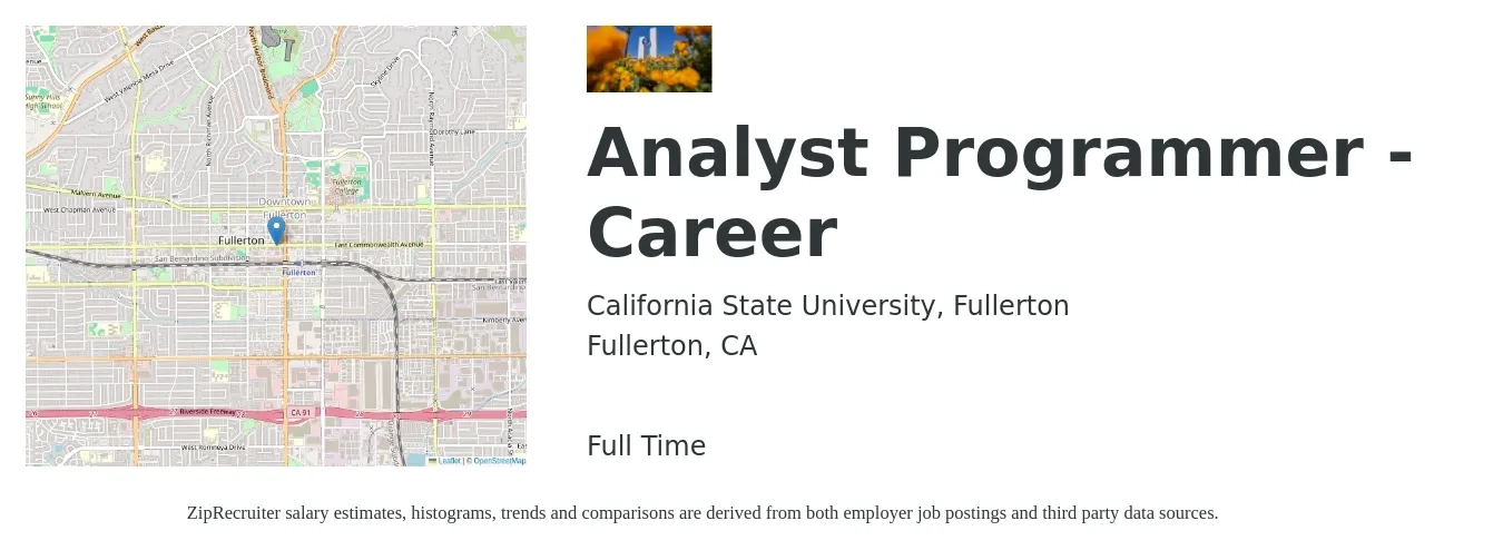 California State University, Fullerton job posting for a Analyst Programmer - Career in Fullerton, CA with a salary of $4,912 to $12,124 Monthly with a map of Fullerton location.