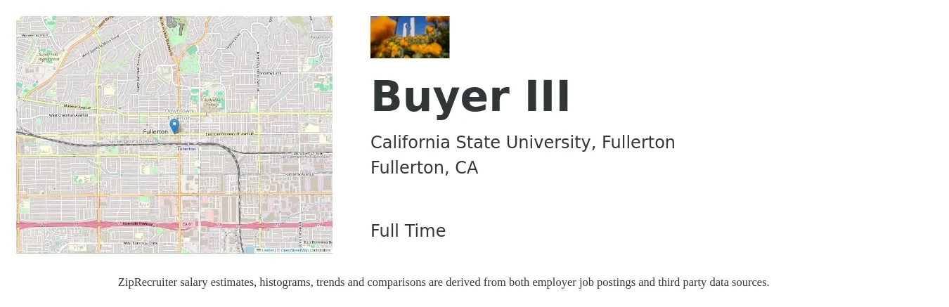 California State University, Fullerton job posting for a Buyer III in Fullerton, CA with a salary of $4,521 to $8,180 Monthly with a map of Fullerton location.