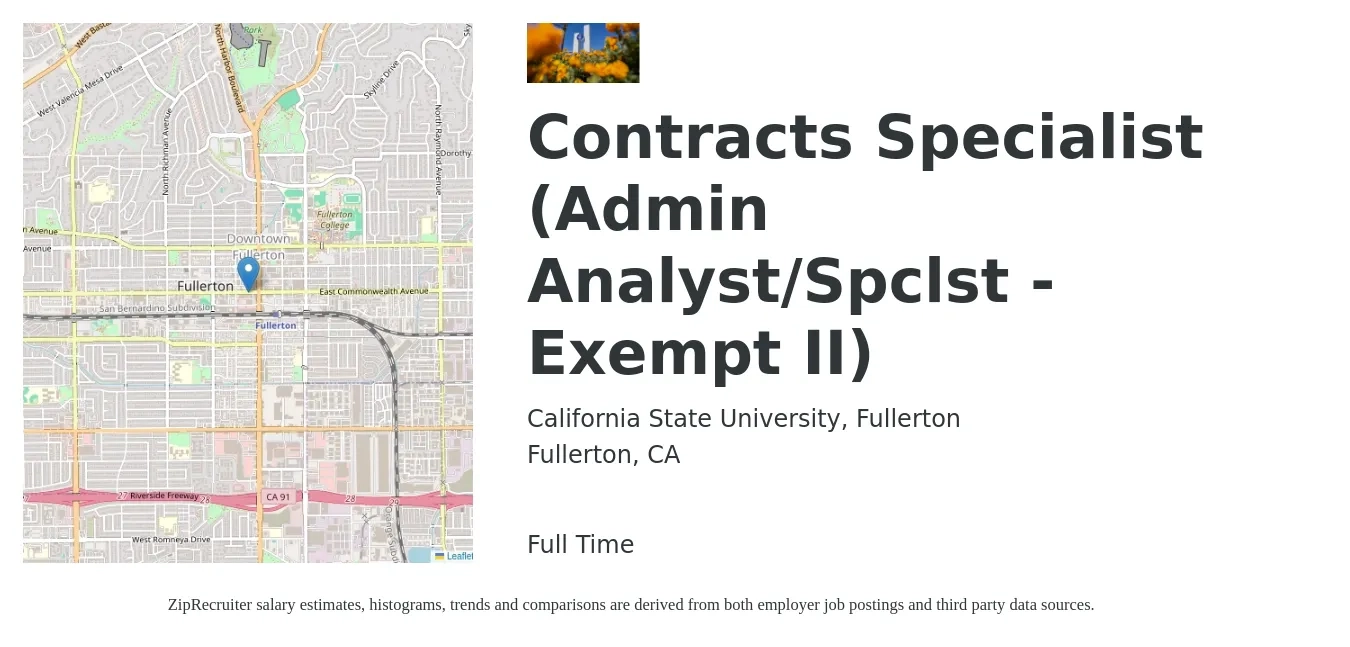 California State University, Fullerton job posting for a Contracts Specialist (Admin Analyst/Spclst - Exempt II) in Fullerton, CA with a salary of $5,273 to $9,537 Monthly with a map of Fullerton location.