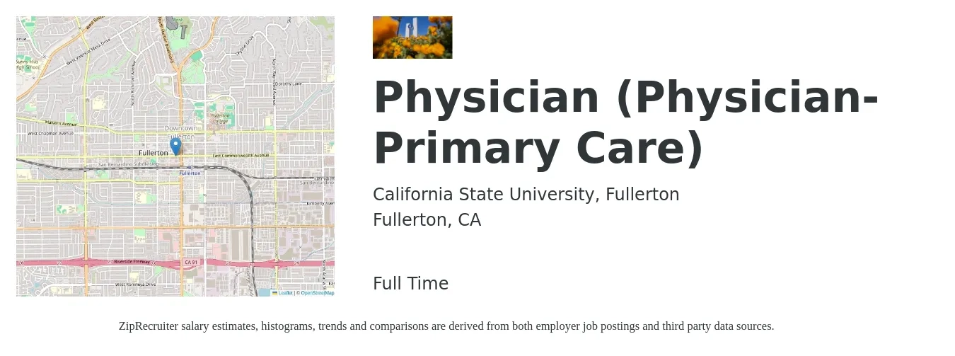 California State University, Fullerton job posting for a Physician (Physician-Primary Care) in Fullerton, CA with a salary of $13,406 to $16,667 Monthly with a map of Fullerton location.
