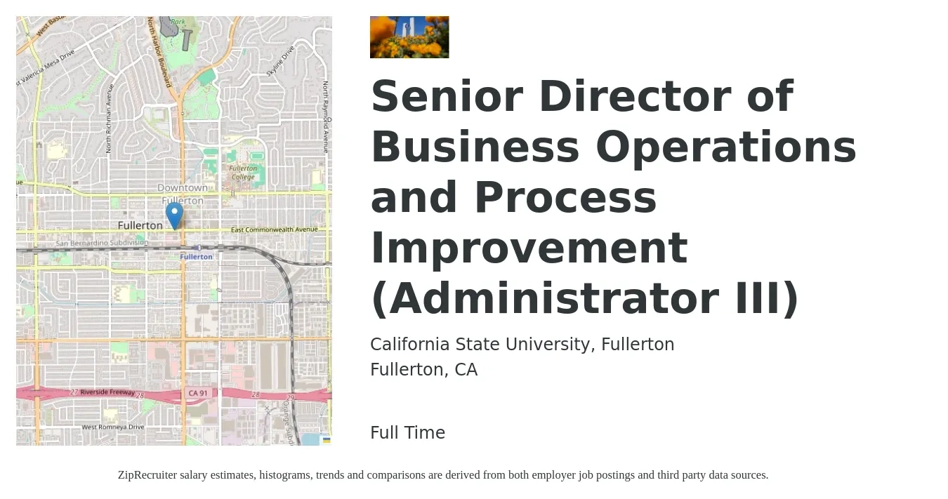 California State University, Fullerton job posting for a Senior Director of Business Operations and Process Improvement (Administrator III) in Fullerton, CA with a salary of $6,563 to $21,066 Monthly with a map of Fullerton location.