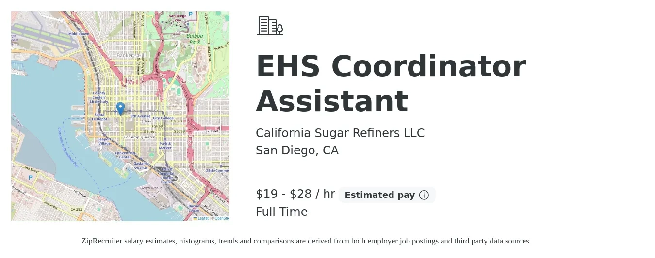California Sugar Refiners LLC job posting for a EHS Coordinator Assistant in San Diego, CA with a salary of $20 to $30 Hourly with a map of San Diego location.