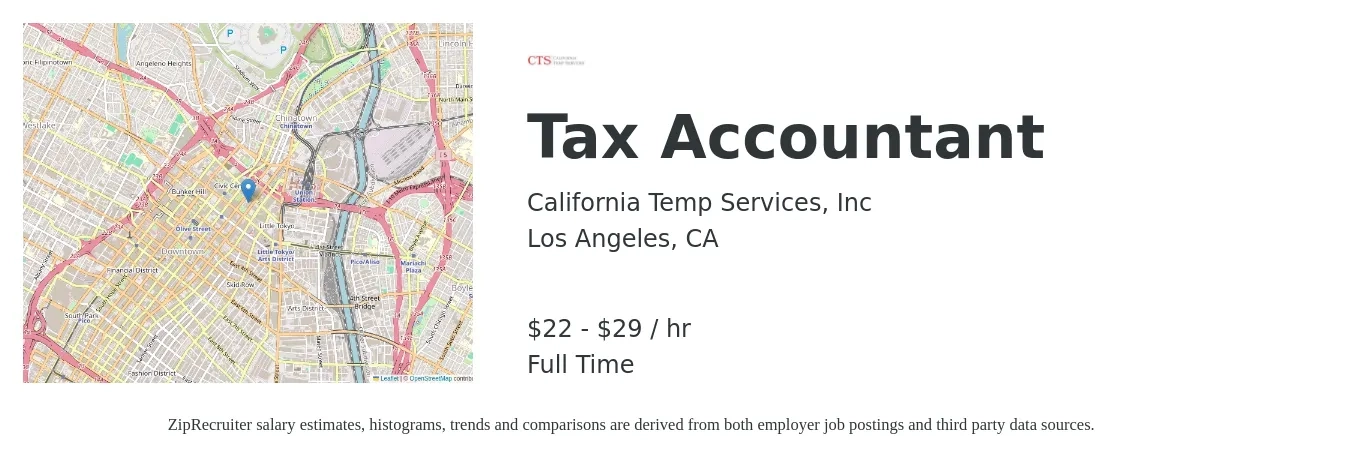 California Temp Services, Inc job posting for a Tax Accountant in Los Angeles, CA with a salary of $23 to $31 Hourly with a map of Los Angeles location.