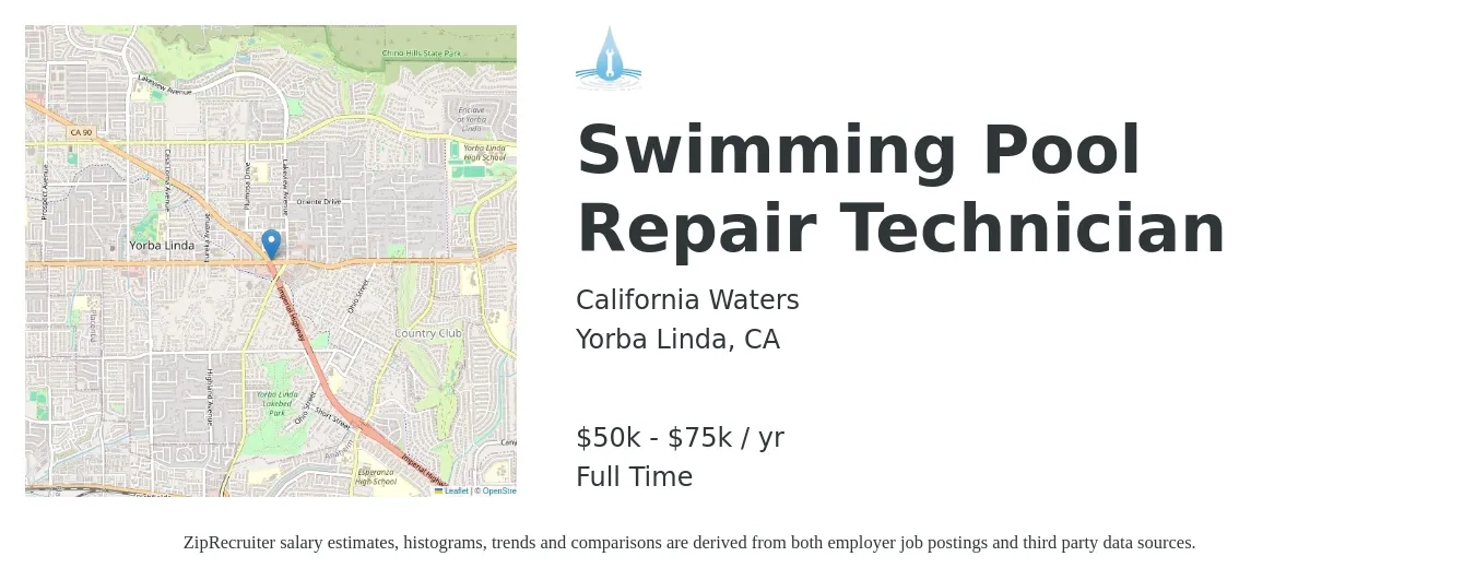 California Waters job posting for a Swimming Pool Repair Technician in Yorba Linda, CA with a salary of $50,000 to $75,000 Yearly with a map of Yorba Linda location.