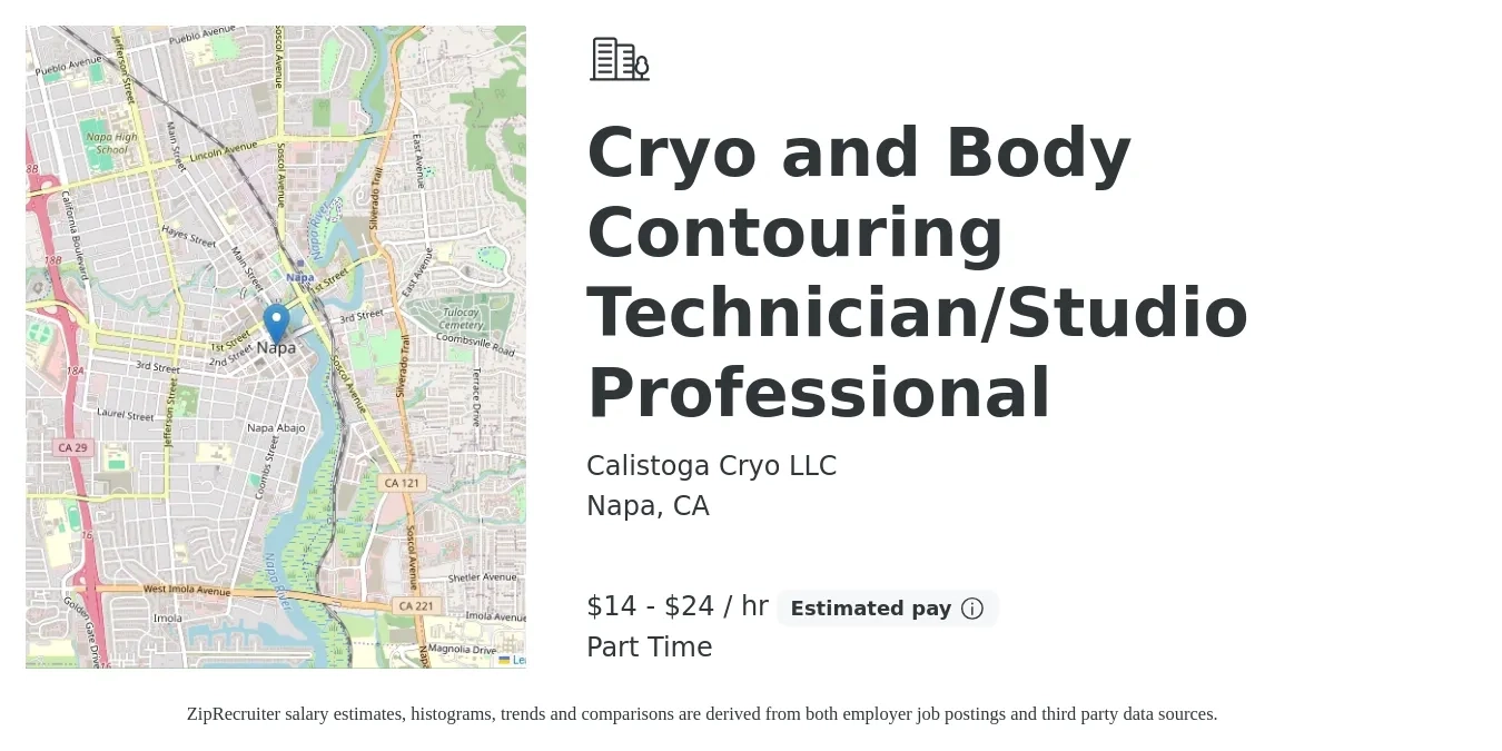 Calistoga Cryo LLC job posting for a Cryo and Body Contouring Technician/Studio Professional in Napa, CA with a salary of $15 to $25 Hourly (plus commission) with a map of Napa location.
