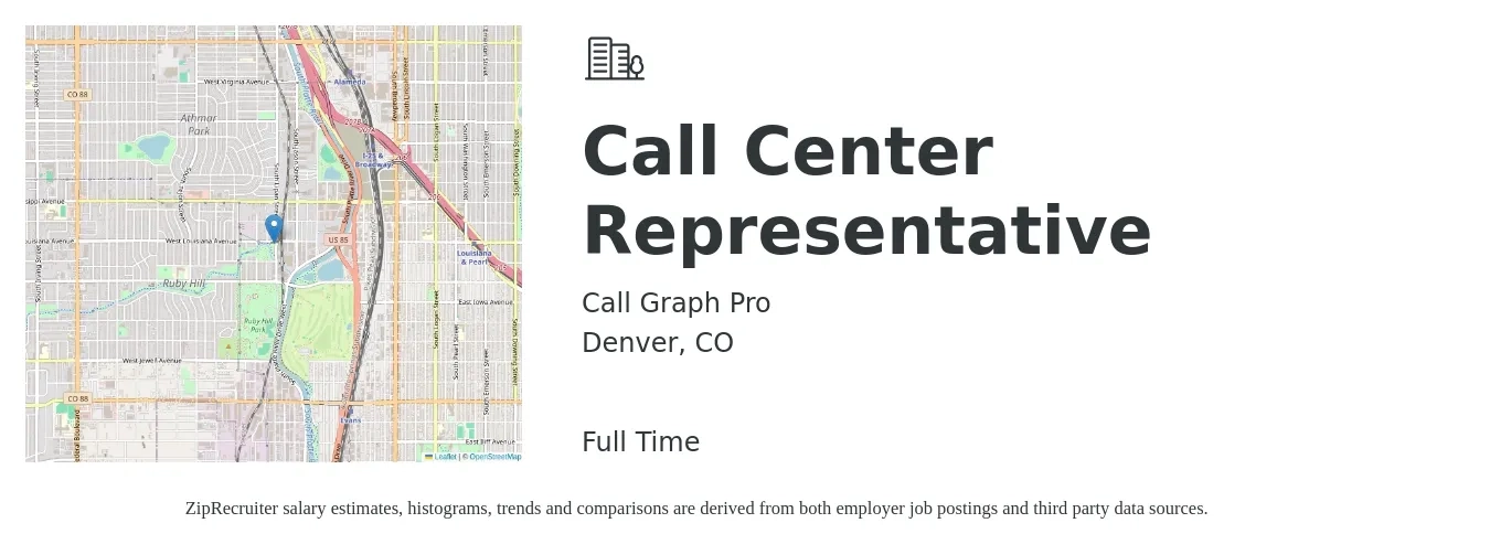 Call Graph Pro job posting for a Call Center Representative in Denver, CO with a salary of $16 to $20 Hourly with a map of Denver location.