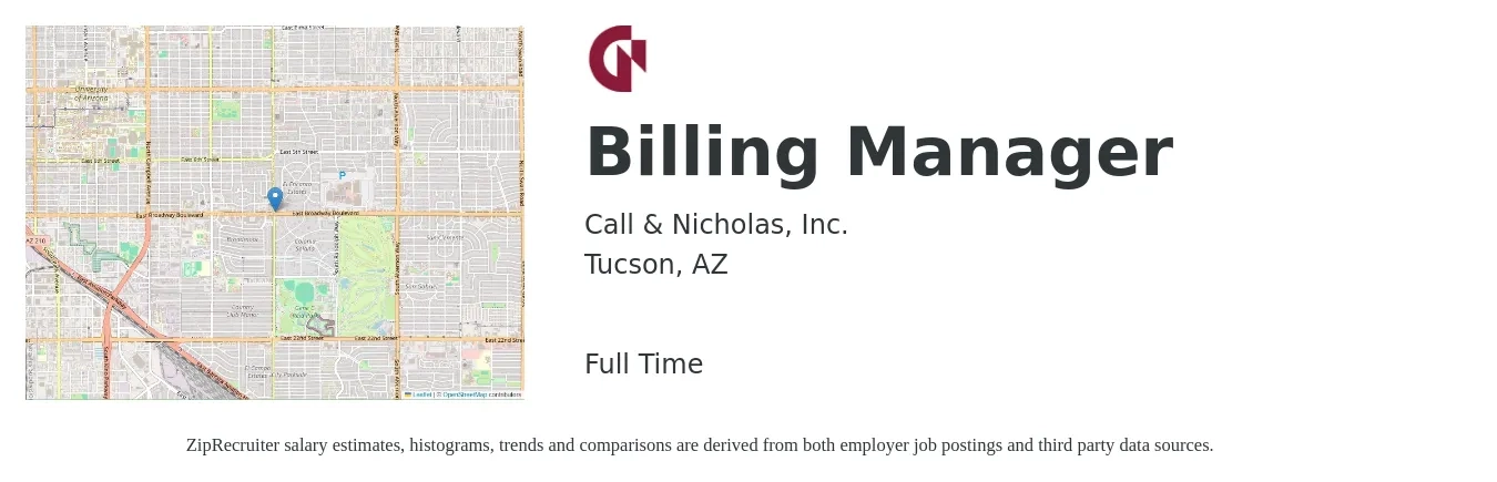 Call & Nicholas, Inc. job posting for a Billing Manager in Tucson, AZ with a salary of $55,000 to $77,300 Yearly with a map of Tucson location.