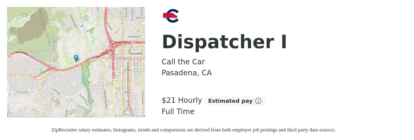Call the Car job posting for a Dispatcher I in Pasadena, CA with a salary of $22 Hourly with a map of Pasadena location.
