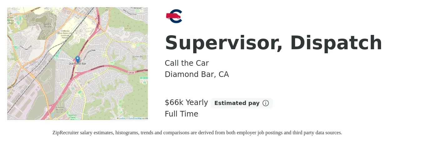 Call the Car job posting for a Supervisor, Dispatch in Diamond Bar, CA with a salary of $66,560 Yearly with a map of Diamond Bar location.