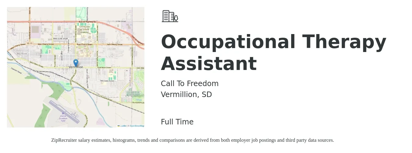 Call To Freedom job posting for a Occupational Therapy Assistant in Vermillion, SD with a map of Vermillion location.