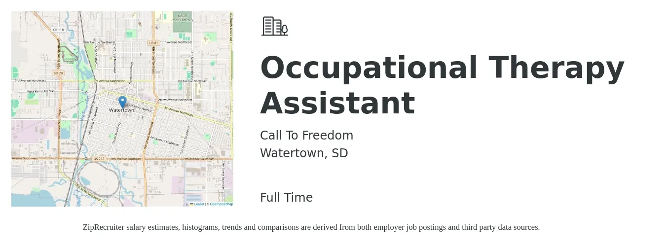 Call To Freedom job posting for a Occupational Therapy Assistant in Watertown, SD with a salary of $25 to $33 Hourly with a map of Watertown location.