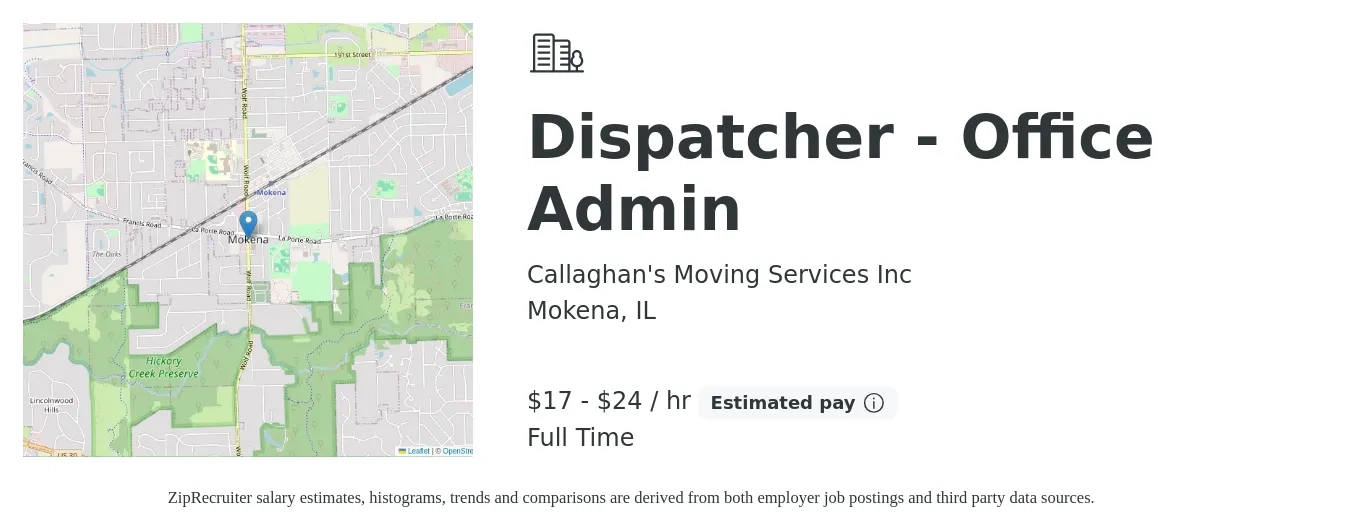 Callaghan's Moving Services Inc job posting for a Dispatcher - Office Admin in Mokena, IL with a salary of $18 to $25 Hourly with a map of Mokena location.