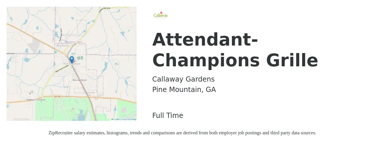 Callaway Gardens job posting for a Attendant- Champions Grille in Pine Mountain, GA with a salary of $9 to $12 Hourly with a map of Pine Mountain location.