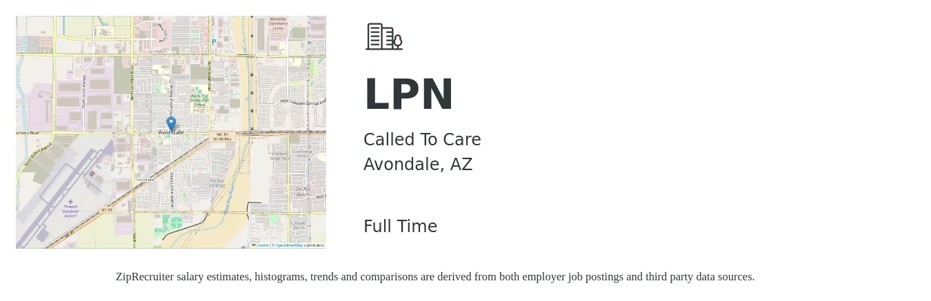 Called To Care job posting for a LPN in Avondale, AZ with a salary of $26 to $35 Hourly with a map of Avondale location.