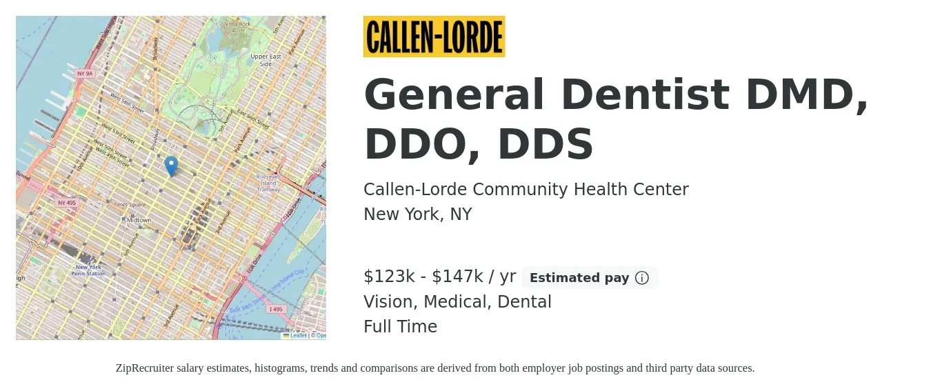 Callen-Lorde Community Health Center job posting for a General Dentist DMD, DDO, DDS in New York, NY with a salary of $123,687 to $147,313 Yearly and benefits including dental, life_insurance, medical, retirement, and vision with a map of New York location.