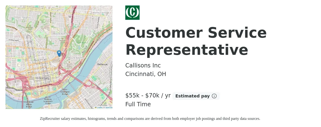 Callisons Inc job posting for a Customer Service Representative in Cincinnati, OH with a salary of $55,000 to $70,000 Yearly with a map of Cincinnati location.