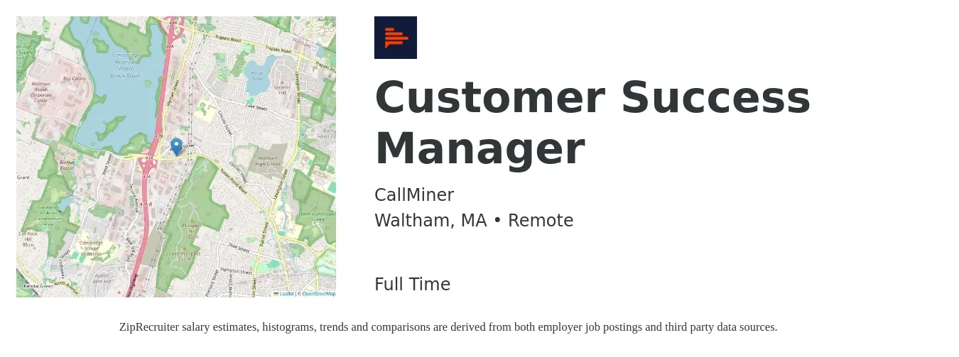 CallMiner job posting for a Customer Success Manager in Waltham, MA with a salary of $64,200 to $106,800 Yearly with a map of Waltham location.
