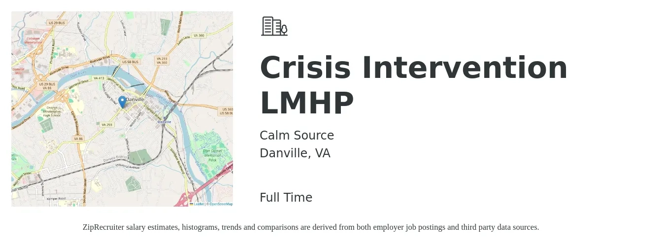 Calm Source job posting for a Crisis Intervention LMHP in Danville, VA with a salary of $45 to $50 Hourly with a map of Danville location.